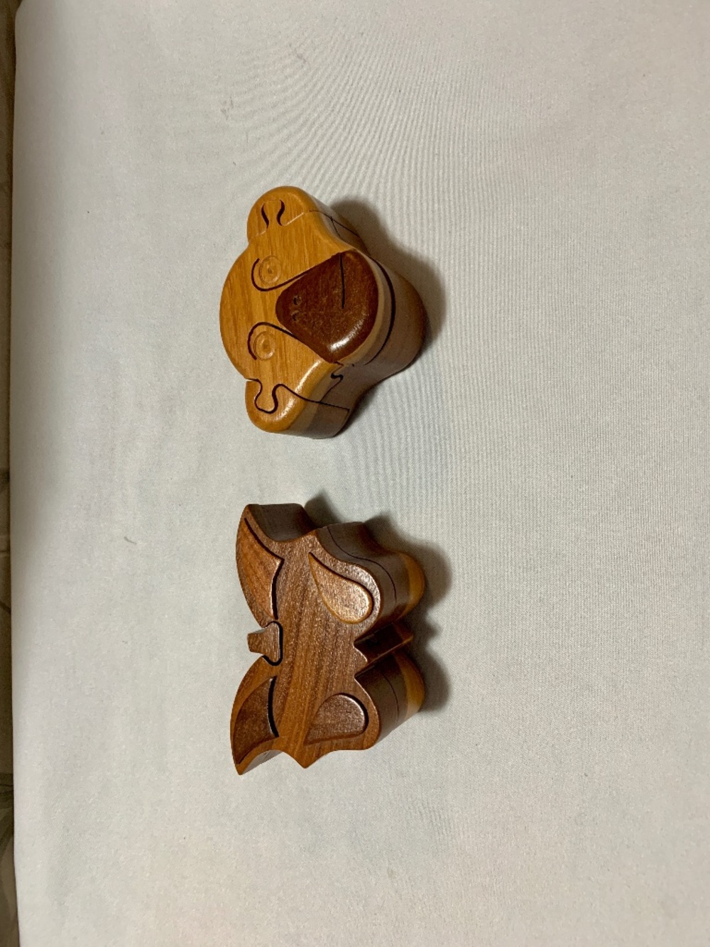 Two (2) Hand Crafted Wooden Puzzle Boxes - One (1) Monkey and One (1) Butterfly